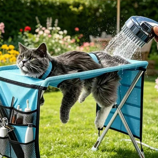 Opvouwbare verzorgingstafel buiten in gebruik — kat wordt afgespoeld tijdens het wassen in de tuin
