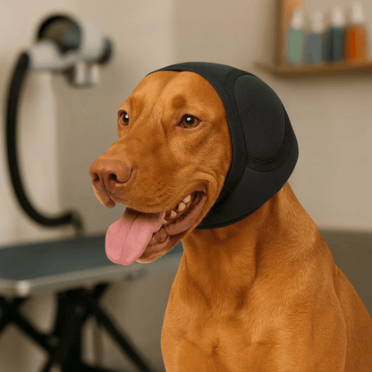 Honden oorkappen materiaal detail — waterdicht diving cloth met trekkoord sluiting