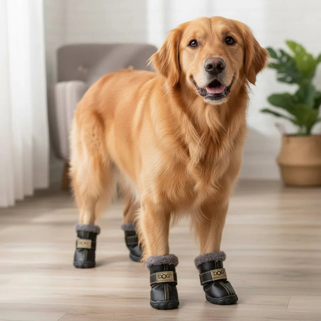Hondenschoenen winter — lifestyle foto hond wandeling in kou